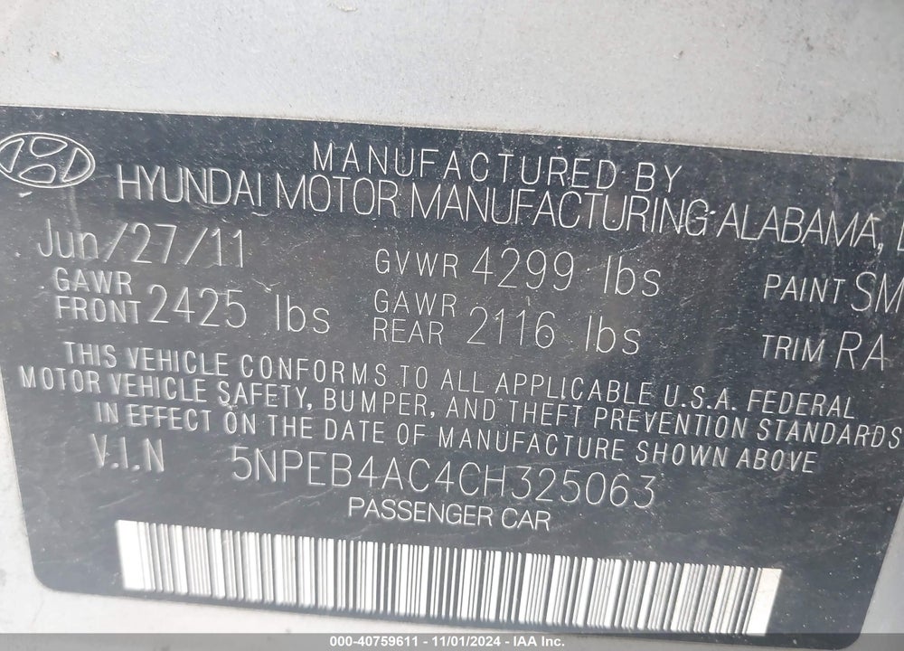 2012 HYUNDAI SONATA GLS VIN: 5NPEB4AC4CH325063