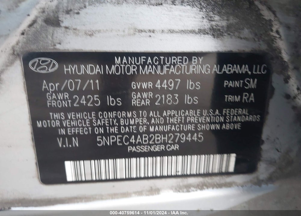 2011 HYUNDAI SONATA SE 2.0T VIN: 5NPEC4AB2BH279445