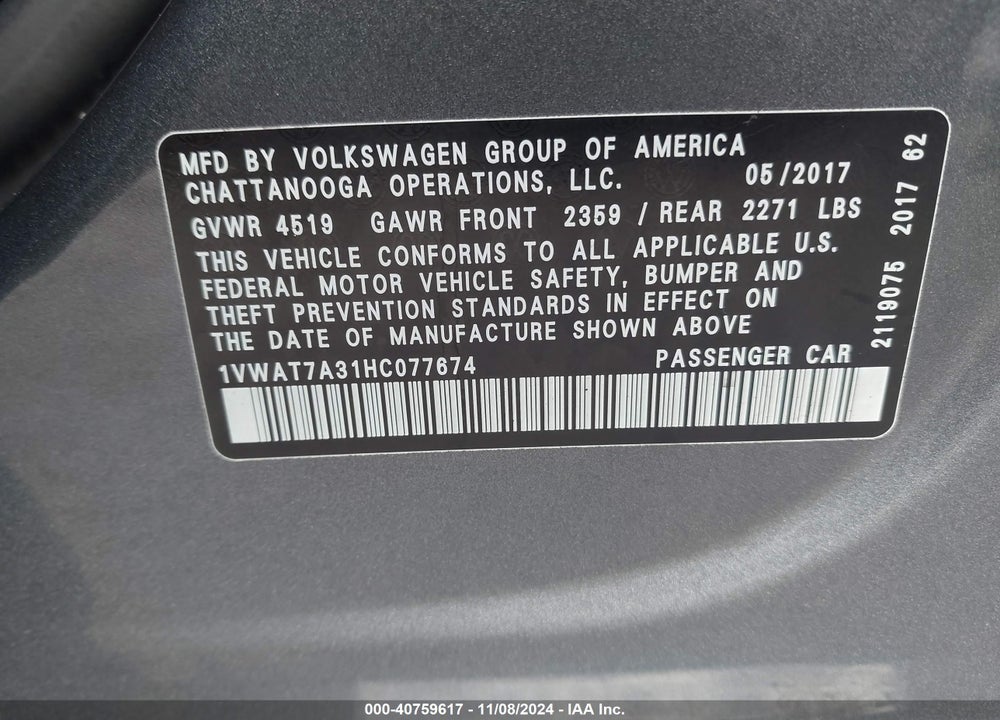 2017 VOLKSWAGEN PASSAT 1.8T S VIN: 1VWAT7A31HC077674