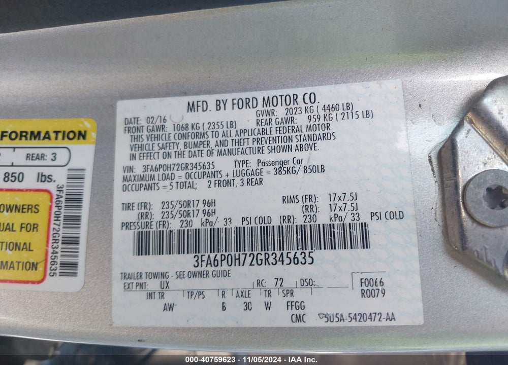 2016 FORD FUSION SE VIN: 3FA6P0H72GR345635