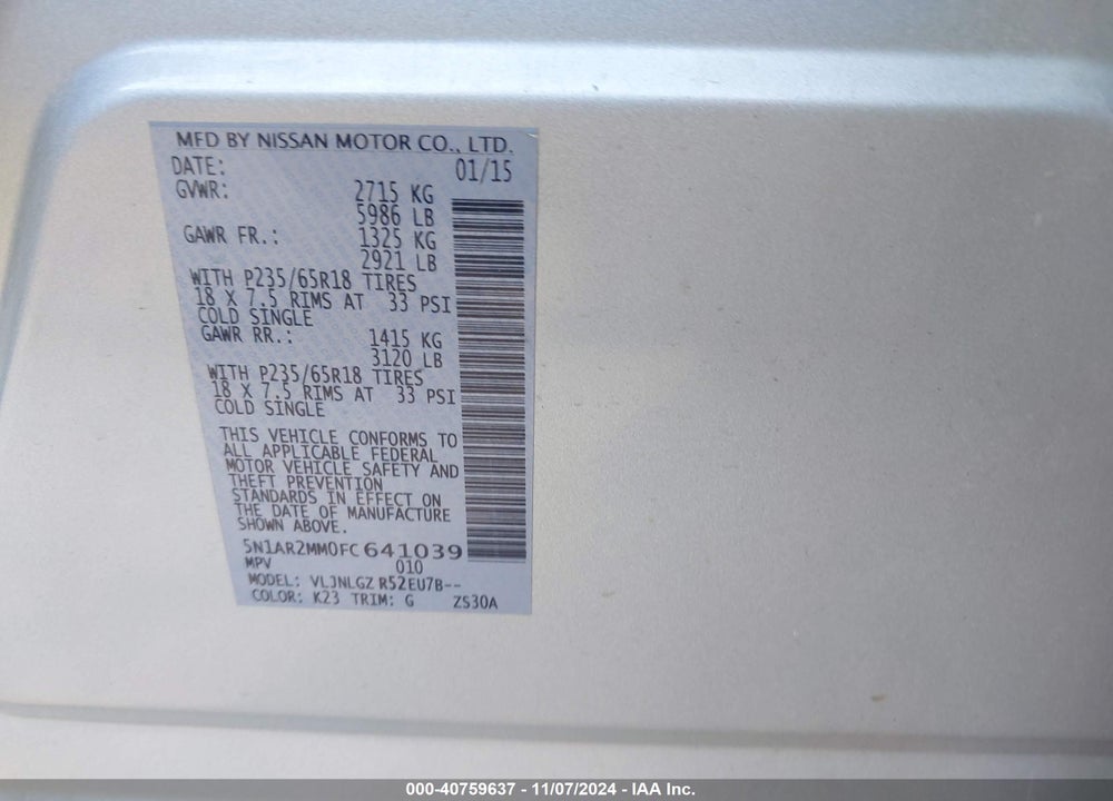 2015 NISSAN PATHFINDER SL VIN: 5N1AR2MM0FC641039