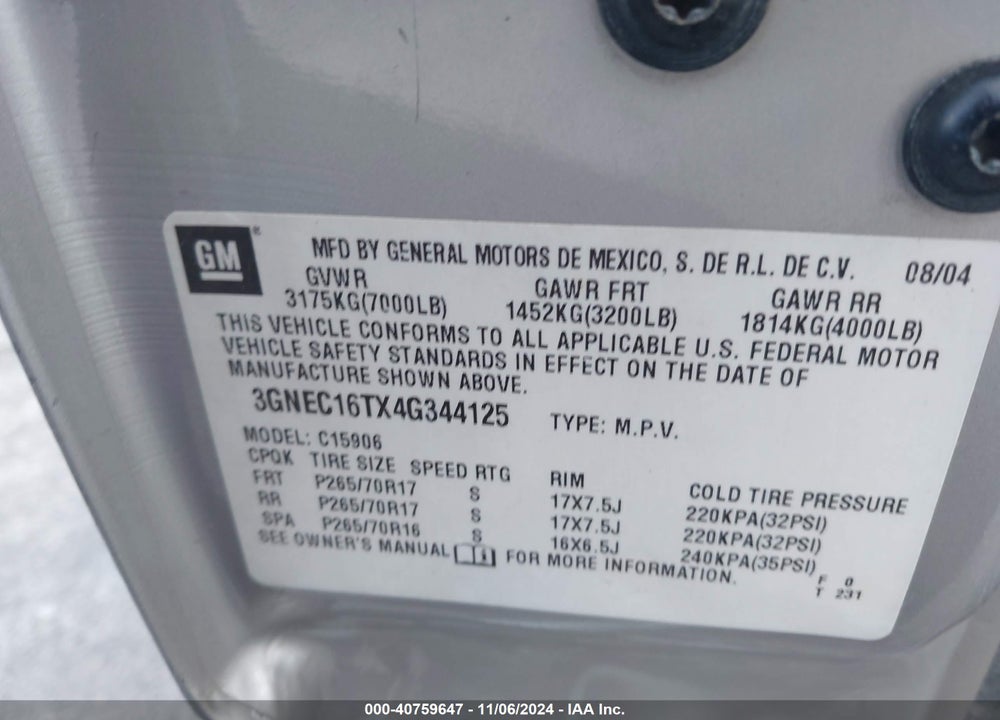 2004 CHEVROLET SUBURBAN 1500 LS VIN: 3GNEC16TX4G344125