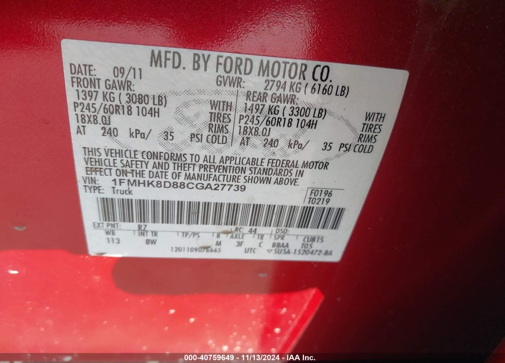 2012 FORD EXPLORER XLT VIN: 1FMHK8D88CGA27739