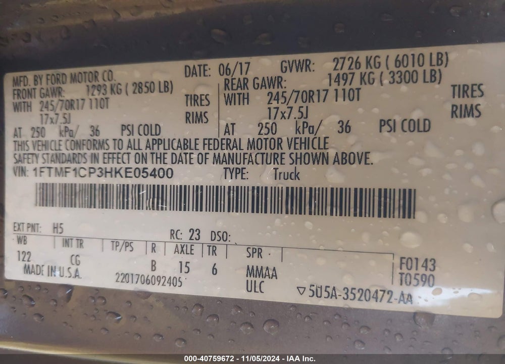 2017 FORD F-150 XL VIN: 1FTMF1CP3HKE05400