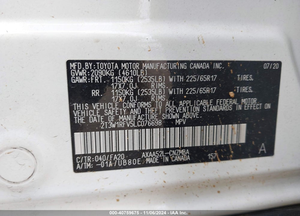 2020 TOYOTA RAV4 XLE VIN: 2T3W1RFV5LC076698