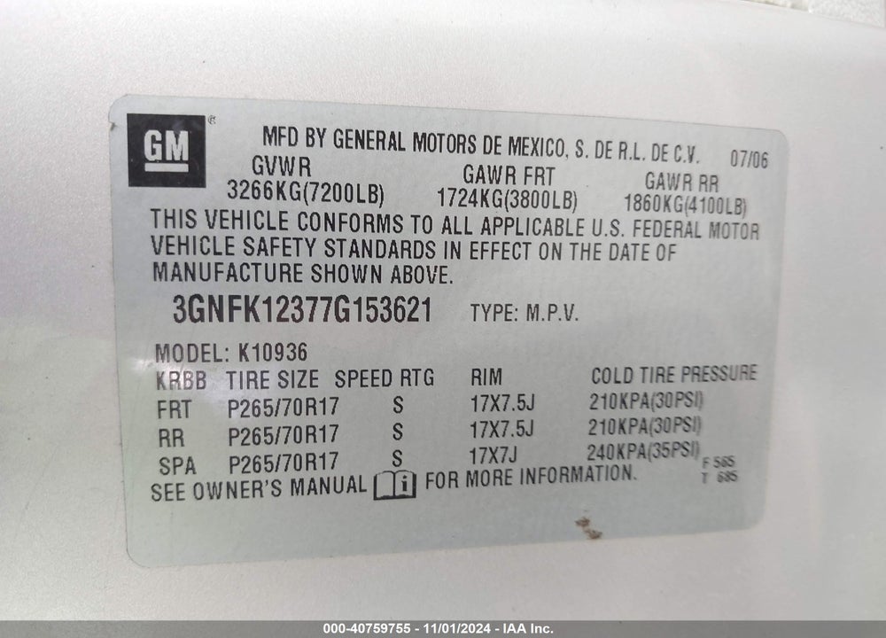 2007 CHEVROLET AVALANCHE 1500 LT VIN: 3GNFK12377G153621