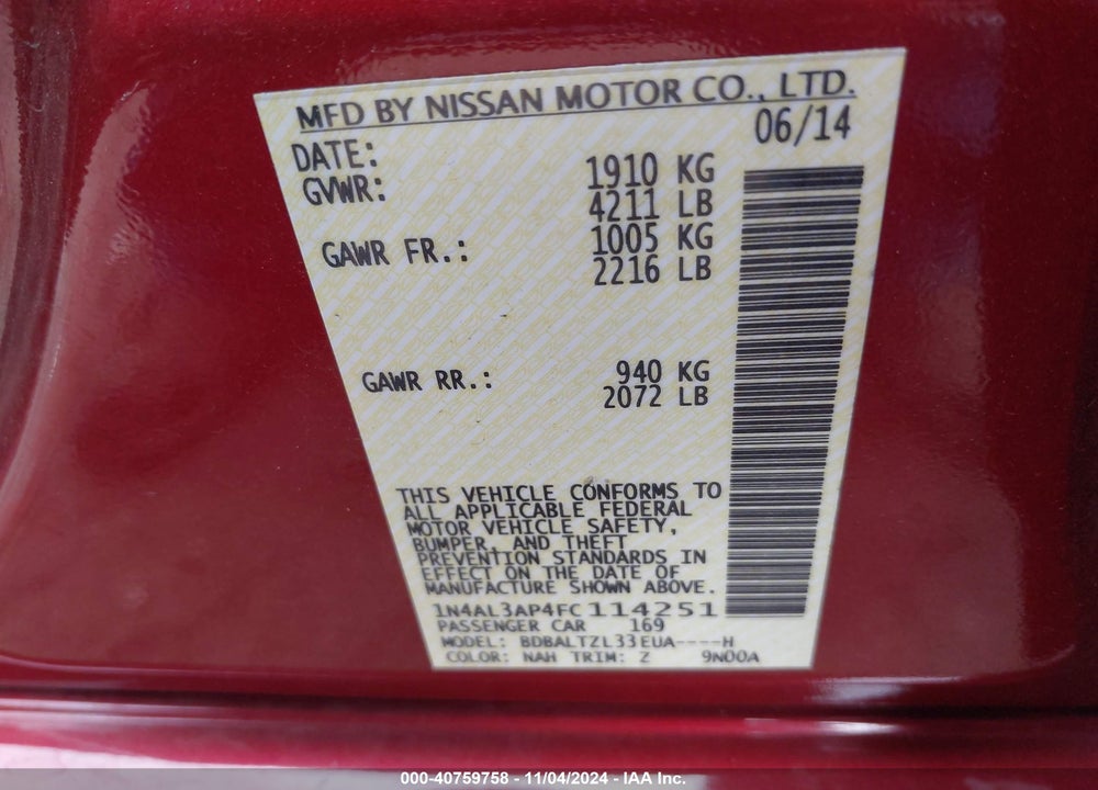 2015 NISSAN ALTIMA 2.5 SL VIN: 1N4AL3AP4FC114251
