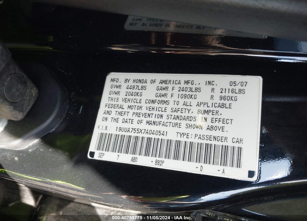 2007 ACURA TL TYPE S VIN: 19UUA755X7A040541