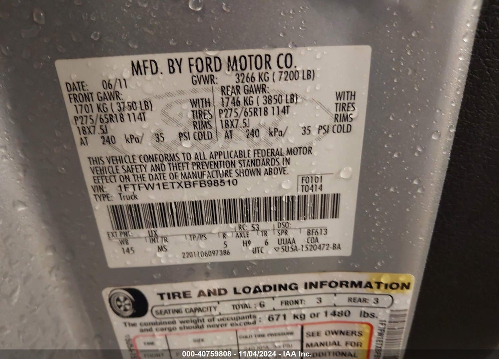 2011 FORD F-150 XLT VIN: 1FTFW1ETXBFB98510