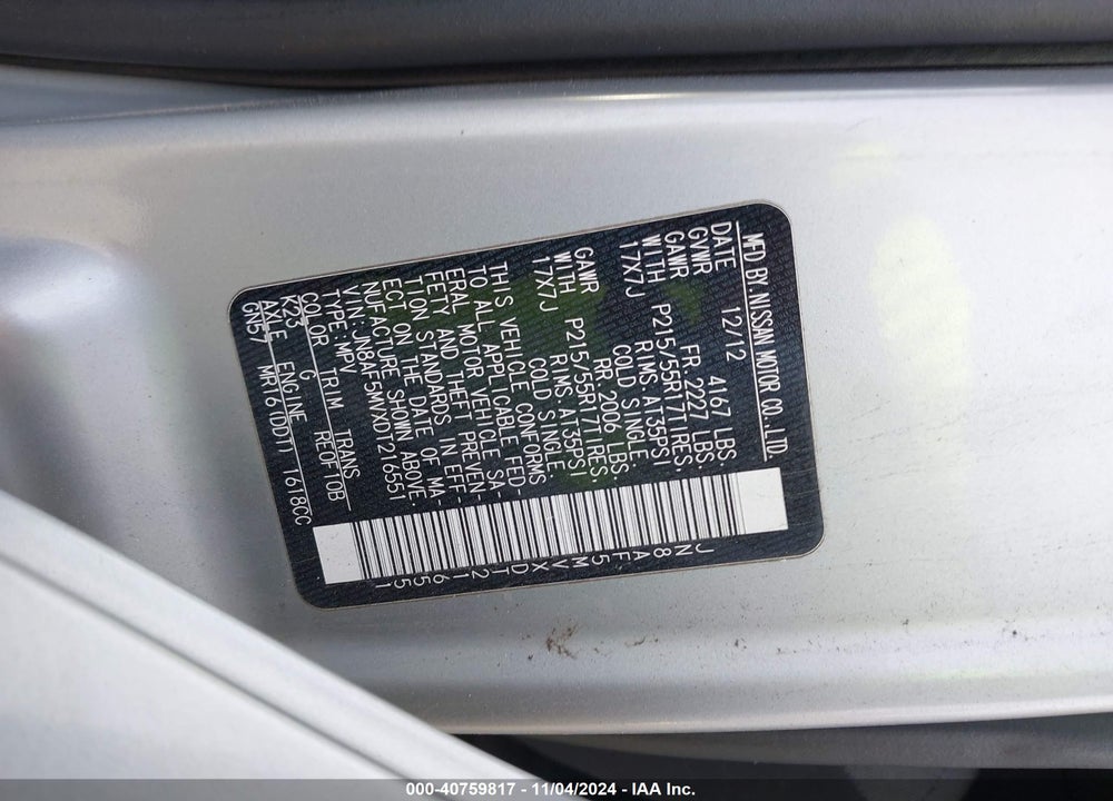 2013 NISSAN JUKE SV VIN: JN8AF5MVXDT216551