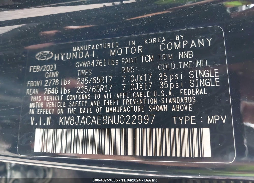 2022 HYUNDAI TUCSON SE VIN: KM8JACAE8NU022997