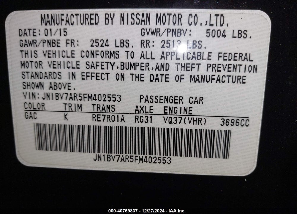 2015 INFINITI Q50 PREMIUM VIN: JN1BV7AR5FM402553