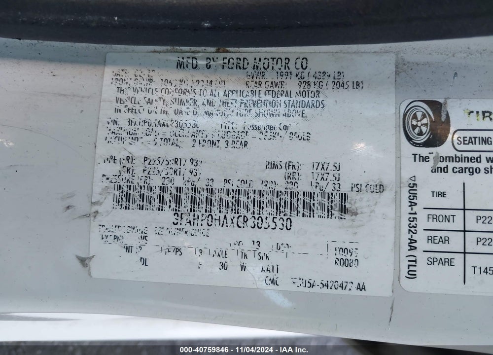 2012 FORD FUSION SE VIN: 3FAHP0HAXCR305530