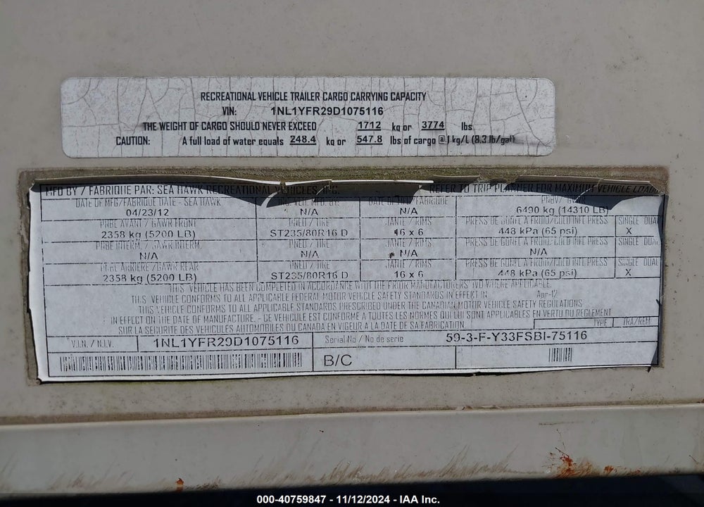 2013 YELLOWSTONE OTHER VIN: 1NL1YFR29D1075116
