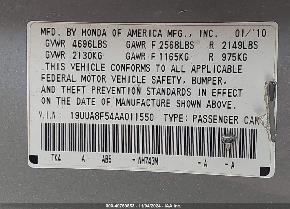 2010 ACURA TL 3.5 VIN: 19UUA8F54AA011550