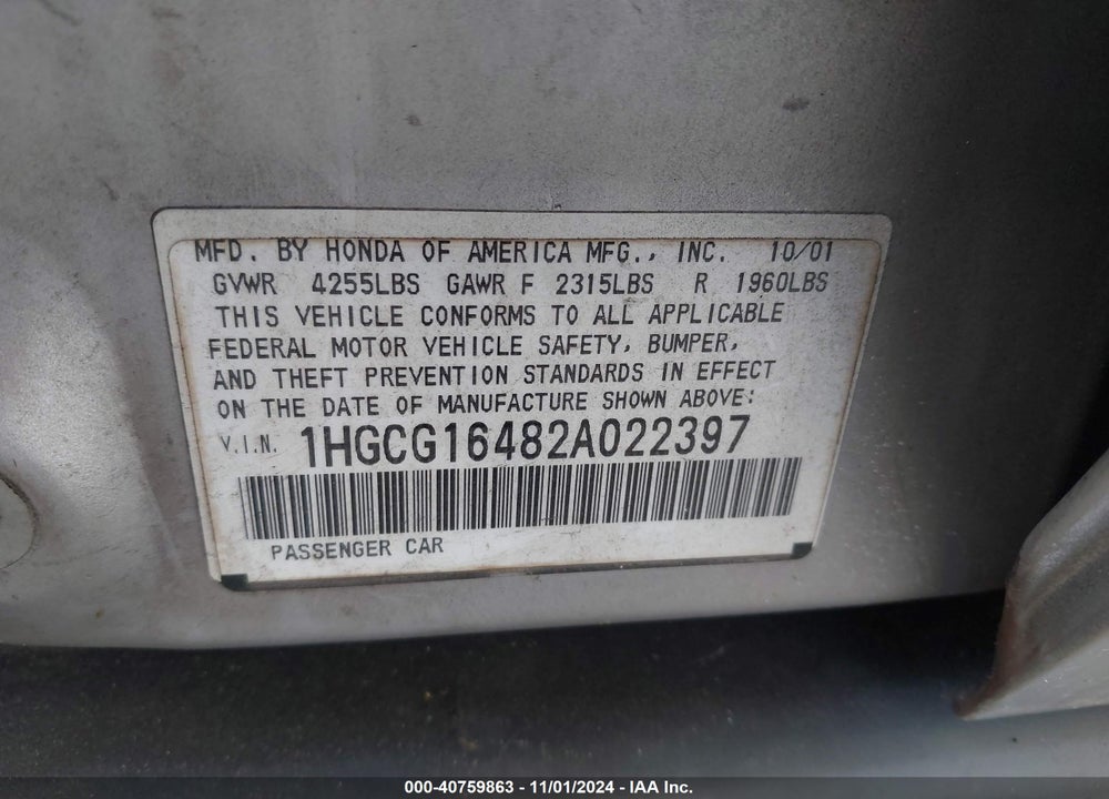 2002 HONDA ACCORD 3.0 LX VIN: 1HGCG16482A022397