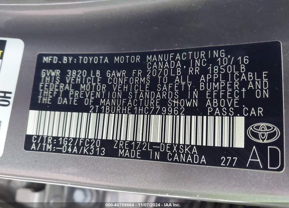 2017 TOYOTA COROLLA SE VIN: 2T1BURHE1HC779962