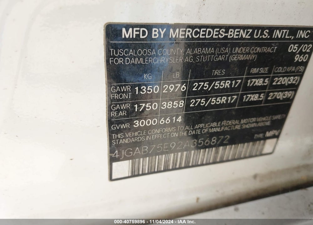 2002 MERCEDES-BENZ ML 500 VIN: 4JGAB75E92A356872