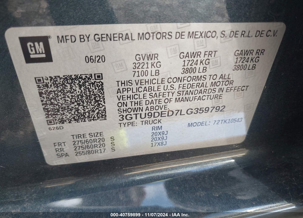 2020 GMC SIERRA 1500 4WD SHORT BOX SLT VIN: 3GTU9DED7LG359792