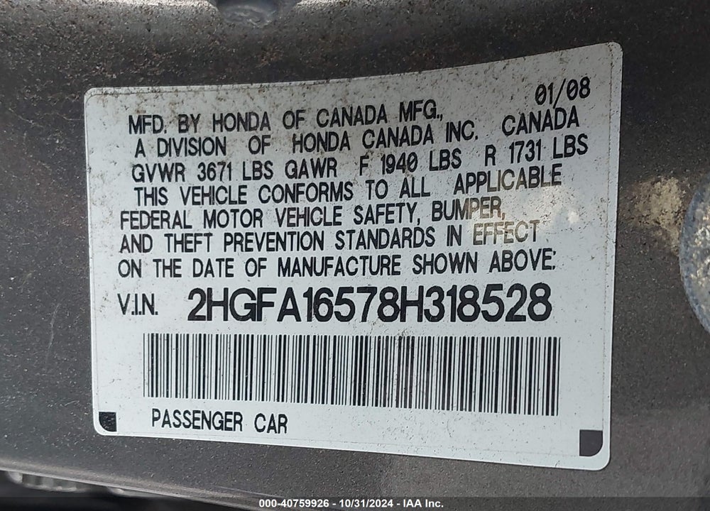 2008 HONDA CIVIC LX VIN: 2HGFA16578H318528
