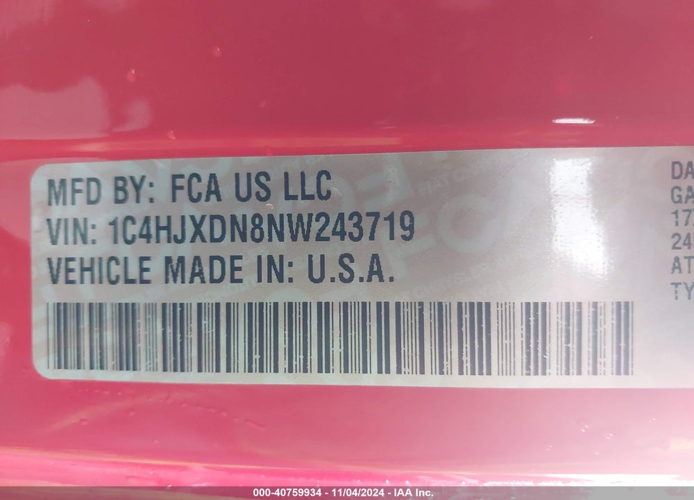 2022 JEEP WRANGLER UNLIMITED SPORT 4X4 VIN: 1C4HJXDN8NW243719