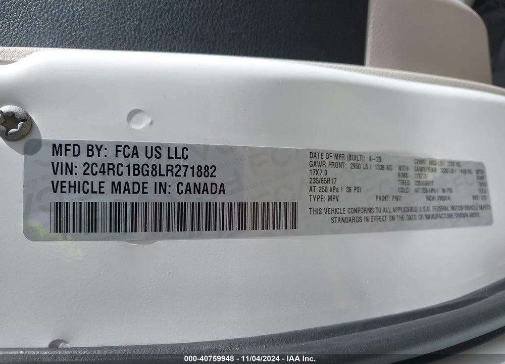 2020 CHRYSLER PACIFICA TOURING L VIN: 2C4RC1BG8LR271882