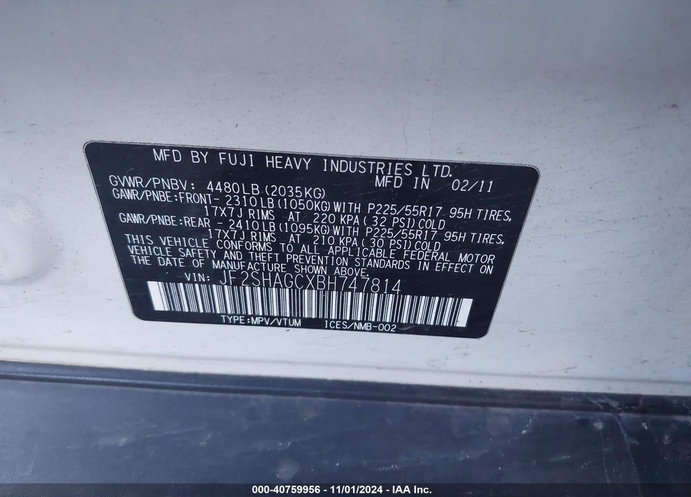 2011 SUBARU FORESTER 2.5X TOURING VIN: JF2SHAGCXBH747814