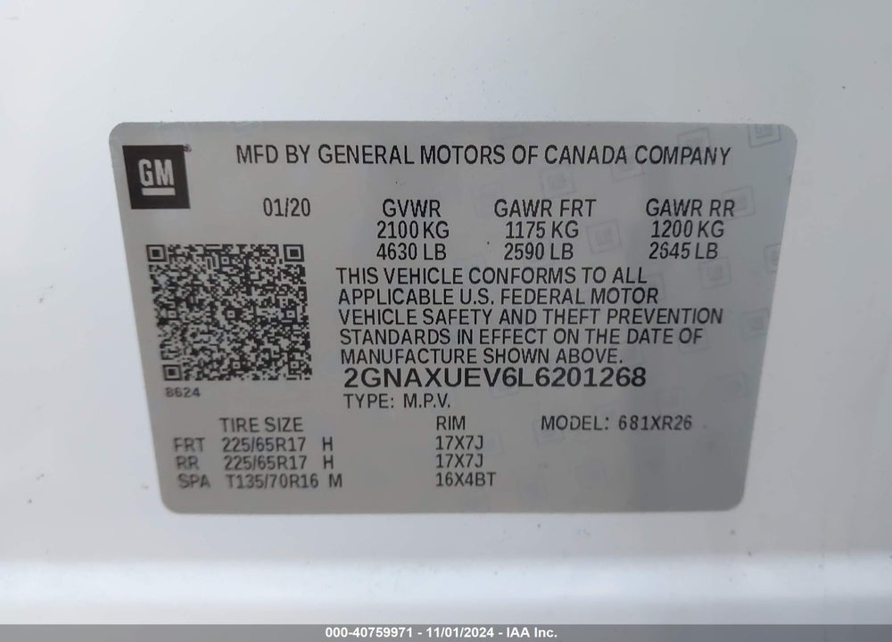 2020 CHEVROLET EQUINOX AWD LT 1.5L TURBO VIN: 2GNAXUEV6L6201268