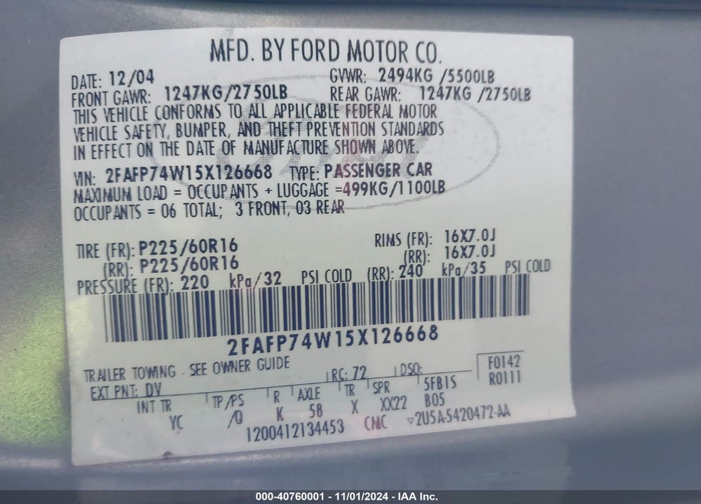 2005 FORD CROWN VICTORIA LX/LX SPORT VIN: 2FAFP74W15X126668