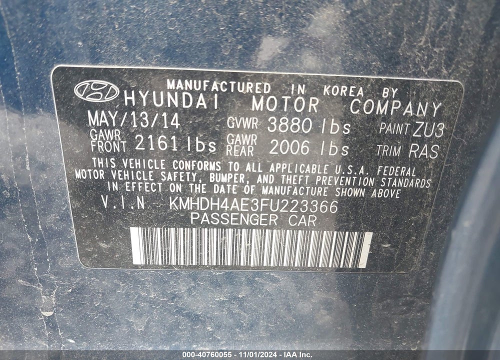 2015 HYUNDAI ELANTRA SE VIN: KMHDH4AE3FU223366