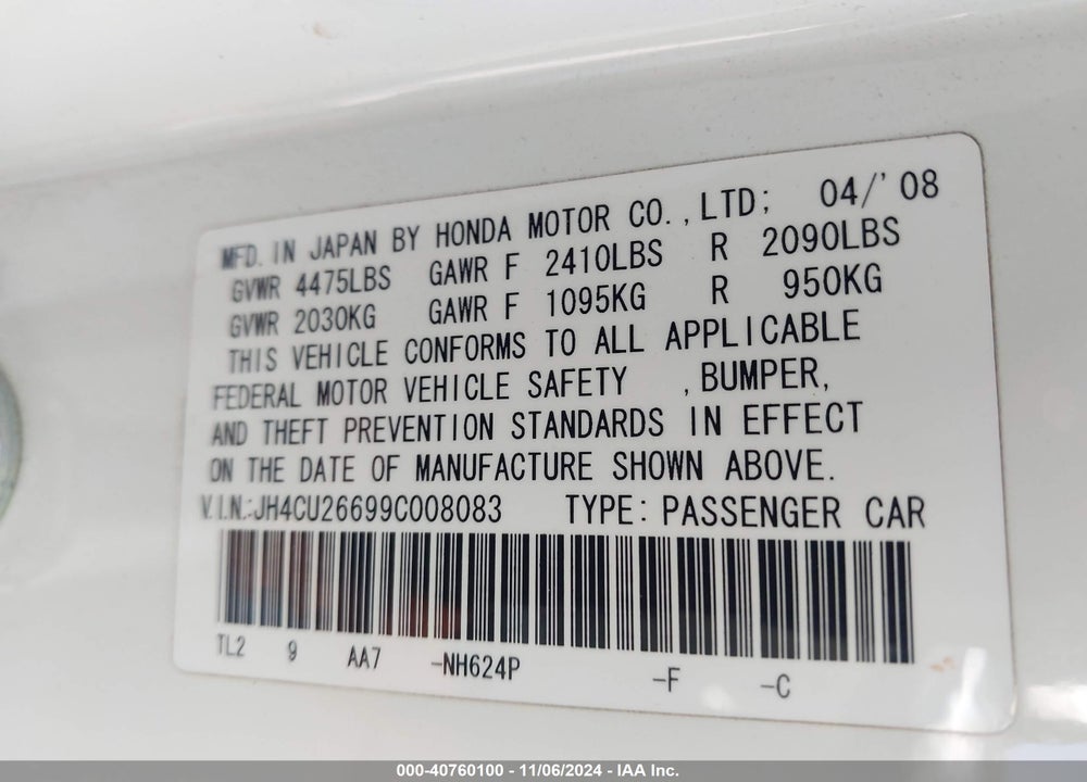 2009 ACURA TSX VIN: JH4CU26699C008083