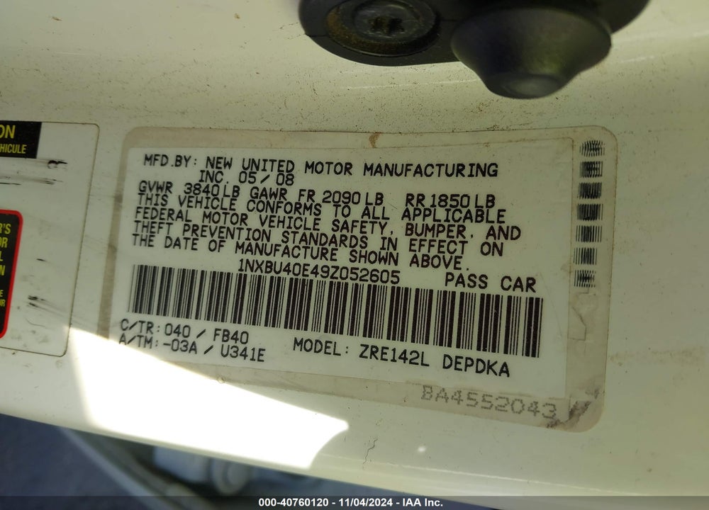 2009 TOYOTA COROLLA LE VIN: 1NXBU40E49Z052605