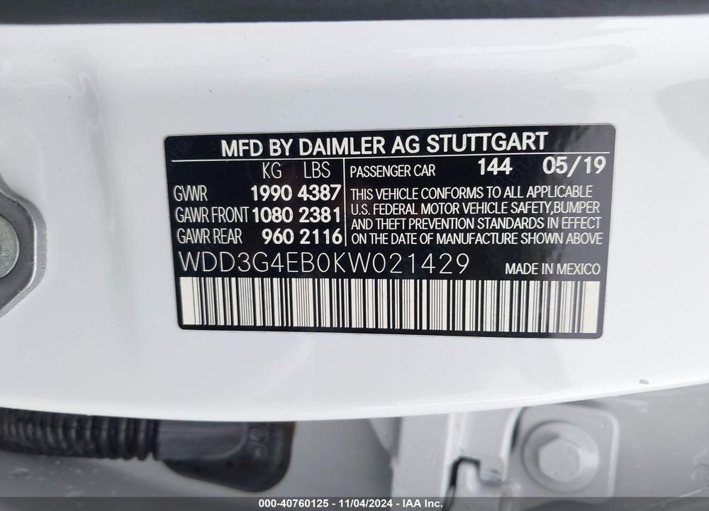 2019 MERCEDES-BENZ A 220 VIN: WDD3G4EB0KW021429