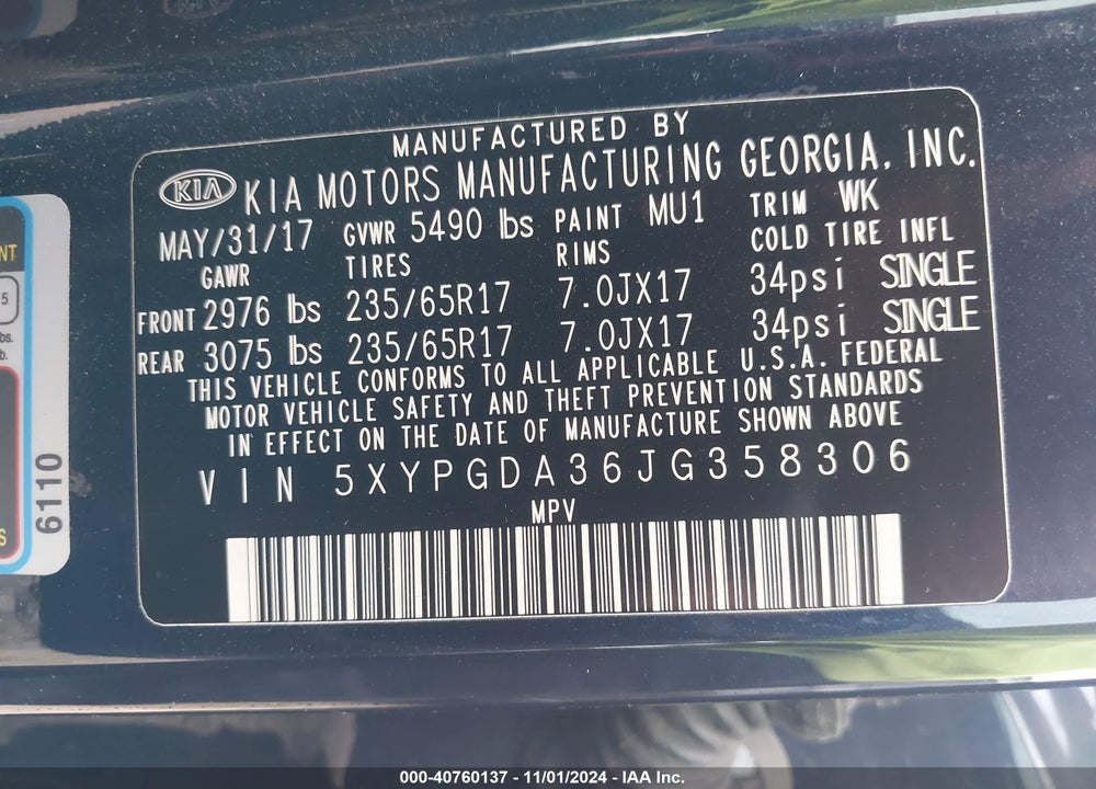 2018 KIA SORENTO 2.4L LX VIN: 5XYPGDA36JG358306