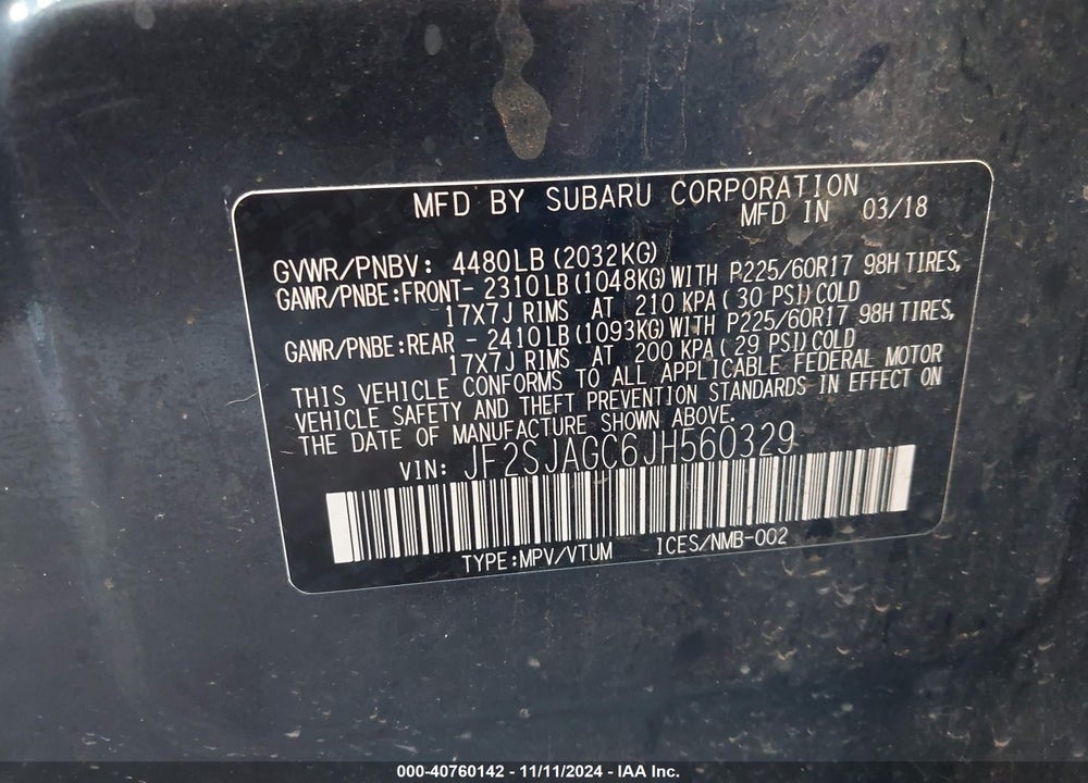 2018 SUBARU FORESTER 2.5I PREMIUM VIN: JF2SJAGC6JH560329