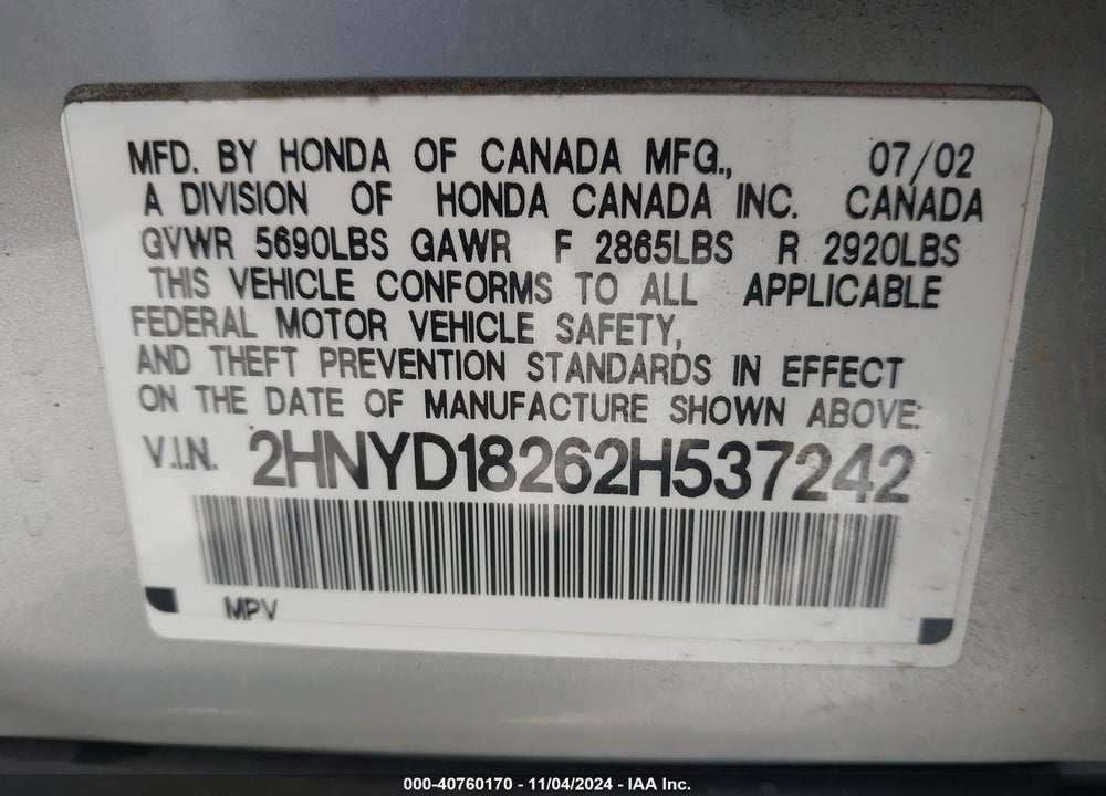 2002 ACURA MDX VIN: 2HNYD18262H537242