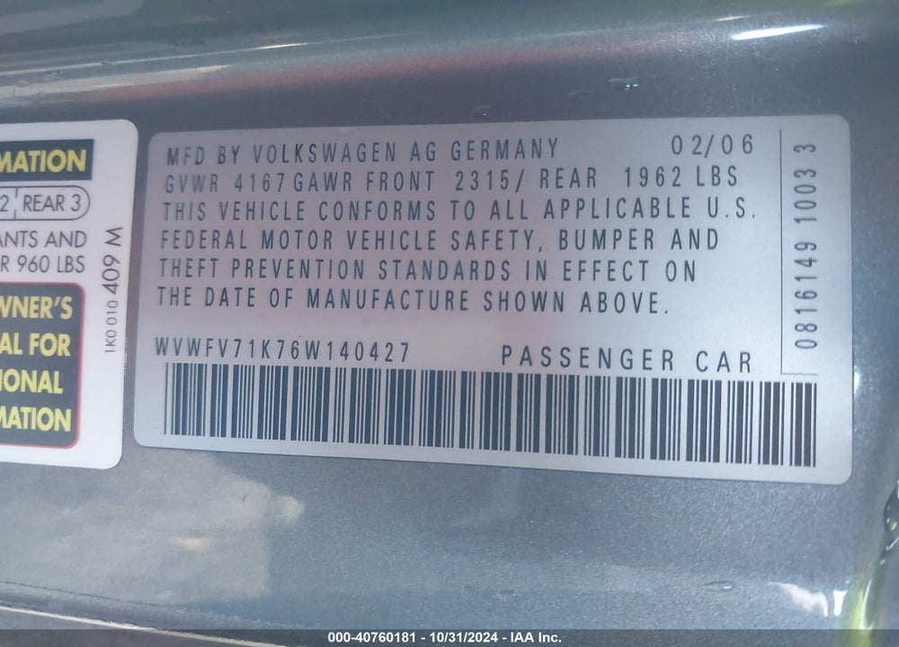 2006 VOLKSWAGEN GTI 2-DOOR VIN: WVWFV71K76W140427