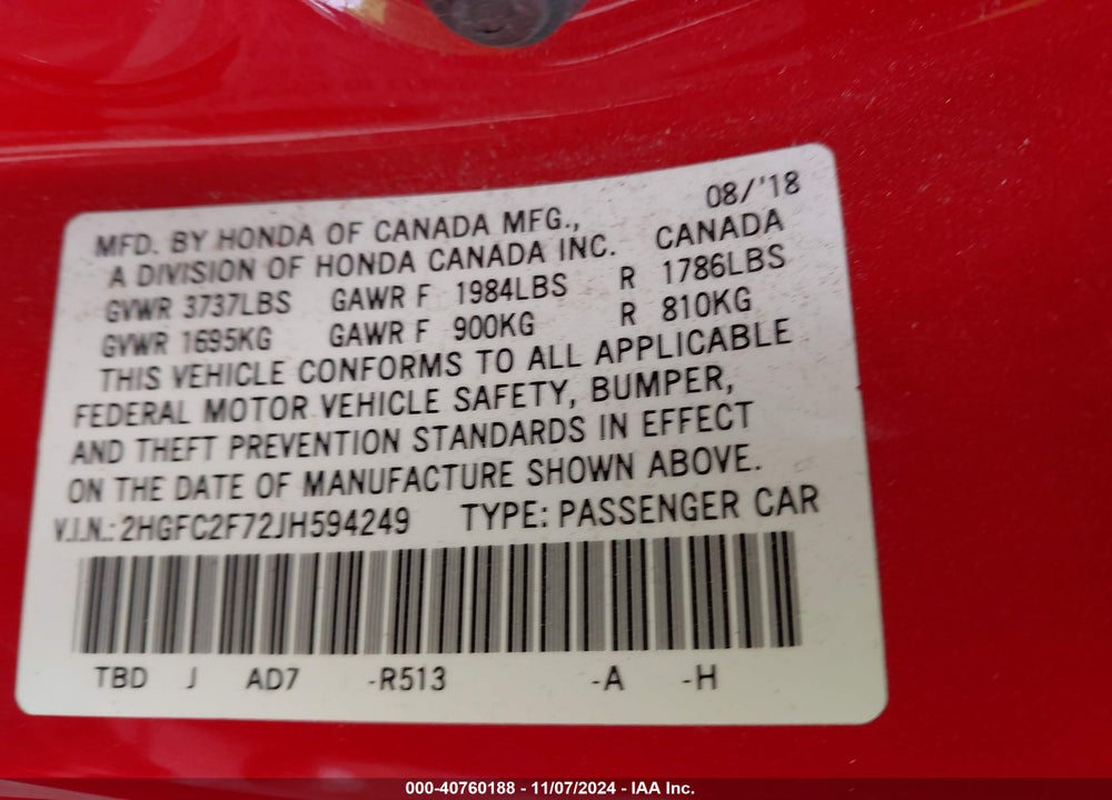 2018 HONDA CIVIC EX VIN: 2HGFC2F72JH594249