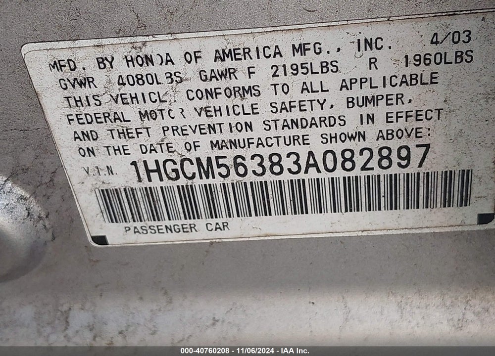 2003 HONDA ACCORD 2.4 LX VIN: 1HGCM56383A082897