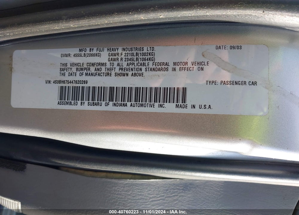 2004 SUBARU OUTBACK VIN: 4S3BH675447620269