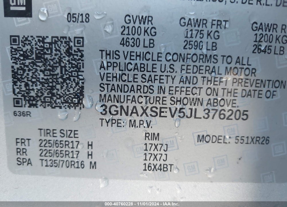 2018 CHEVROLET EQUINOX LT VIN: 3GNAXSEV5JL376205