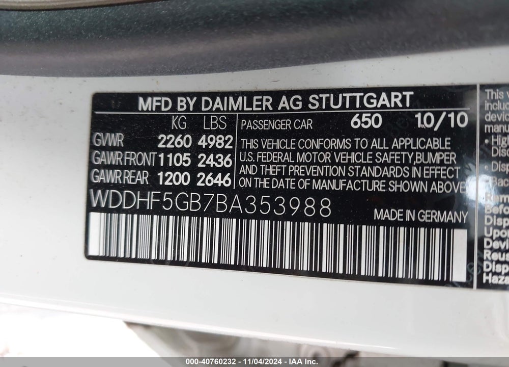2011 MERCEDES-BENZ E 350 VIN: WDDHF5GB7BA353988