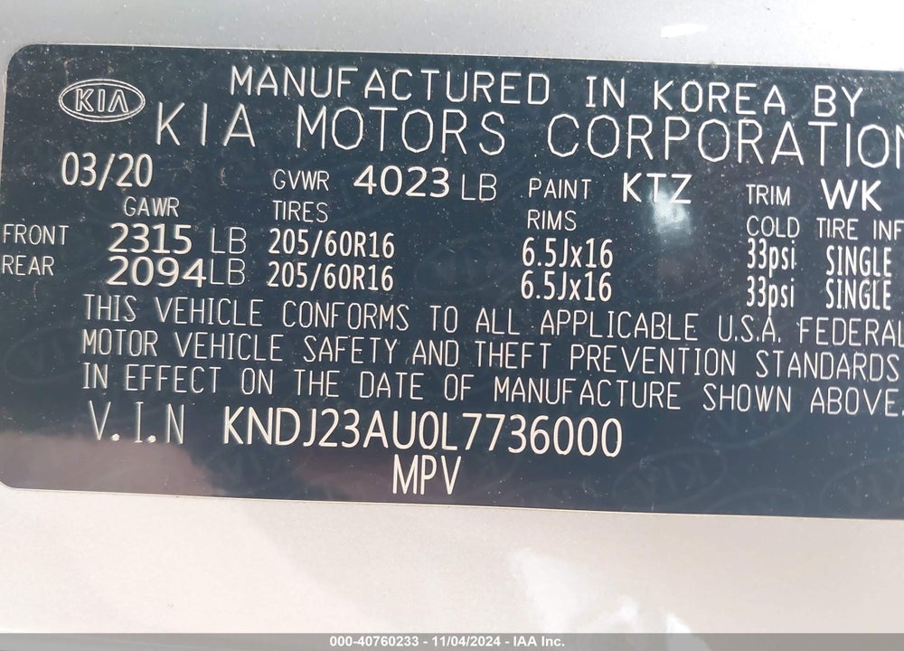 2020 KIA SOUL !/+/S VIN: KNDJ23AU0L7736000