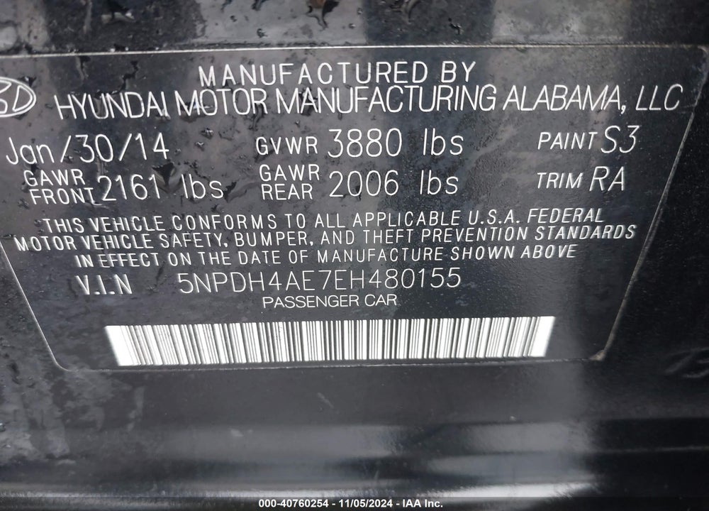 2014 HYUNDAI ELANTRA SE VIN: 5NPDH4AE7EH480155