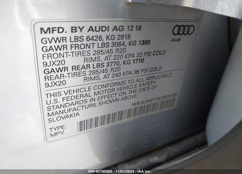 2019 AUDI Q7 45 PREMIUM/45 SE PREMIUM VIN: WA1LHAF72KD025729