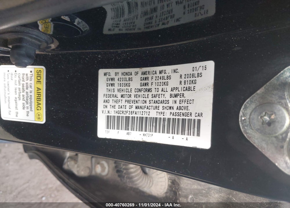 2015 HONDA ACCORD LX VIN: 1HGCR2F36FA112712