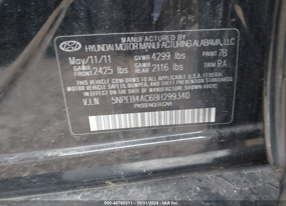 2011 HYUNDAI SONATA GLS VIN: 5NPEB4AC6BH299340
