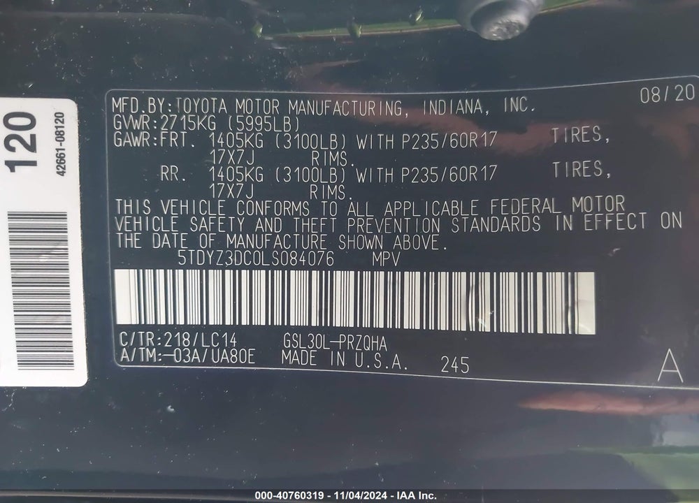 2020 TOYOTA SIENNA XLE VIN: 5TDYZ3DC0LS084076