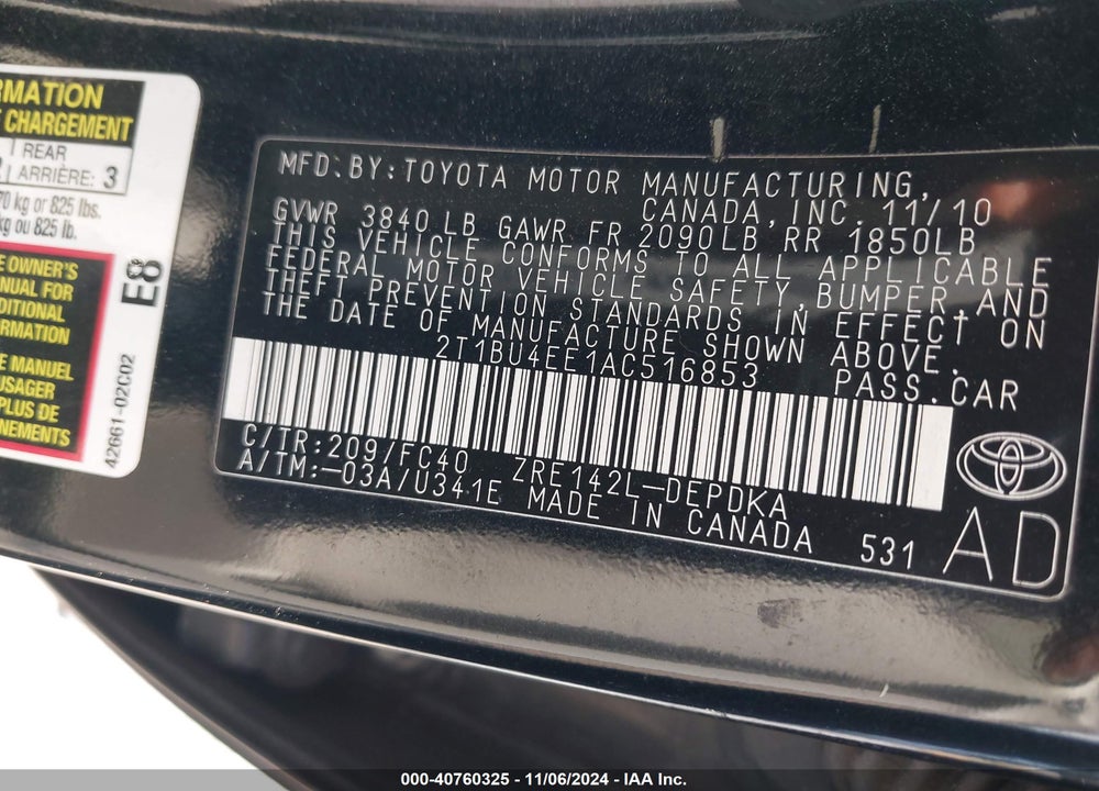 2010 TOYOTA COROLLA LE VIN: 2T1BU4EE1AC516853