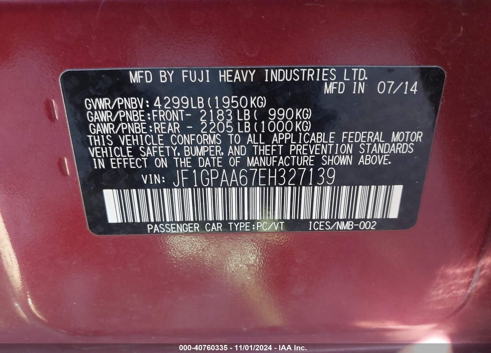 2014 SUBARU IMPREZA 2.0I VIN: JF1GPAA67EH327139